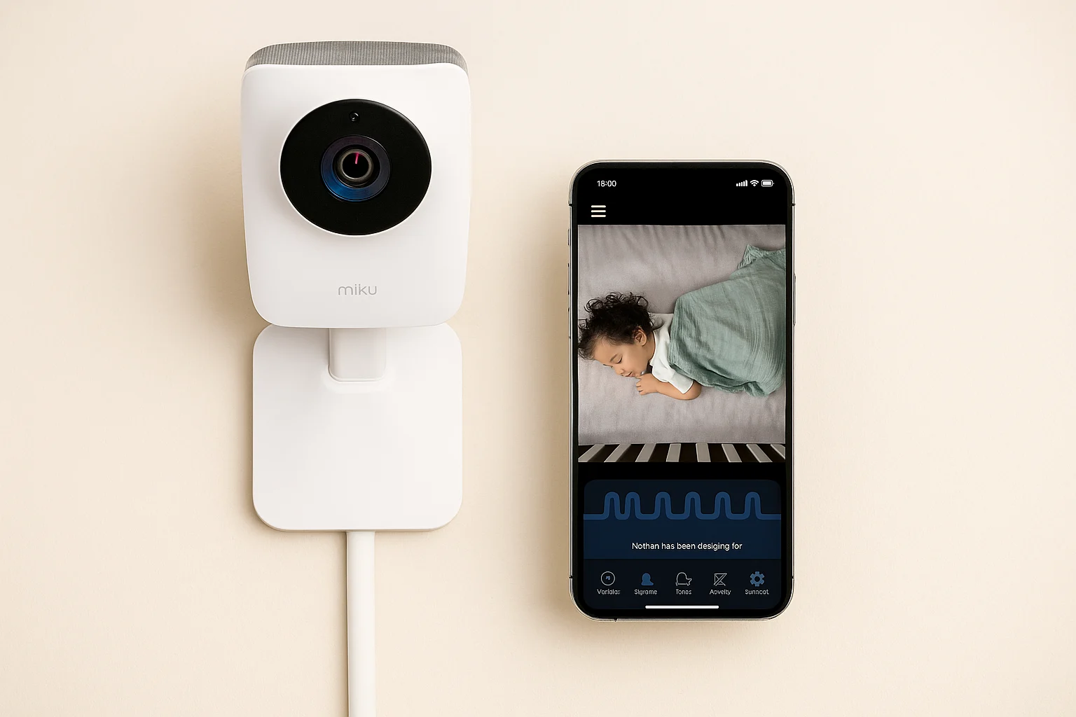 A wall-mounted white camera beside a smartphone showing a child sleeping in a crib
