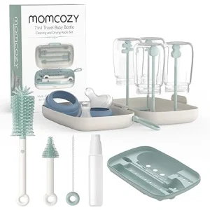 Momcozy Bottle Brush Set – Baby Bottle Cleaner Kit with Silicone Brush, Nipple Brush, Straw Brush, Soap Dispenser, Drying Rack – 7 in 1 Bottle Cleaning Tool