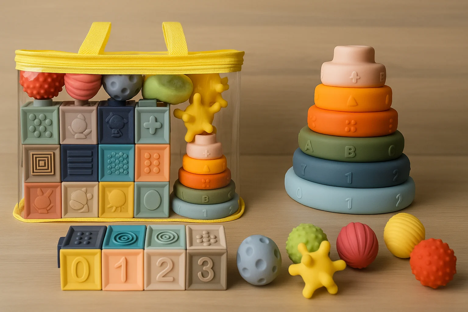 Colorful silicone eco-friendly baby products including stacking rings, soft blocks, and sensory balls displayed on a wooden surface.
