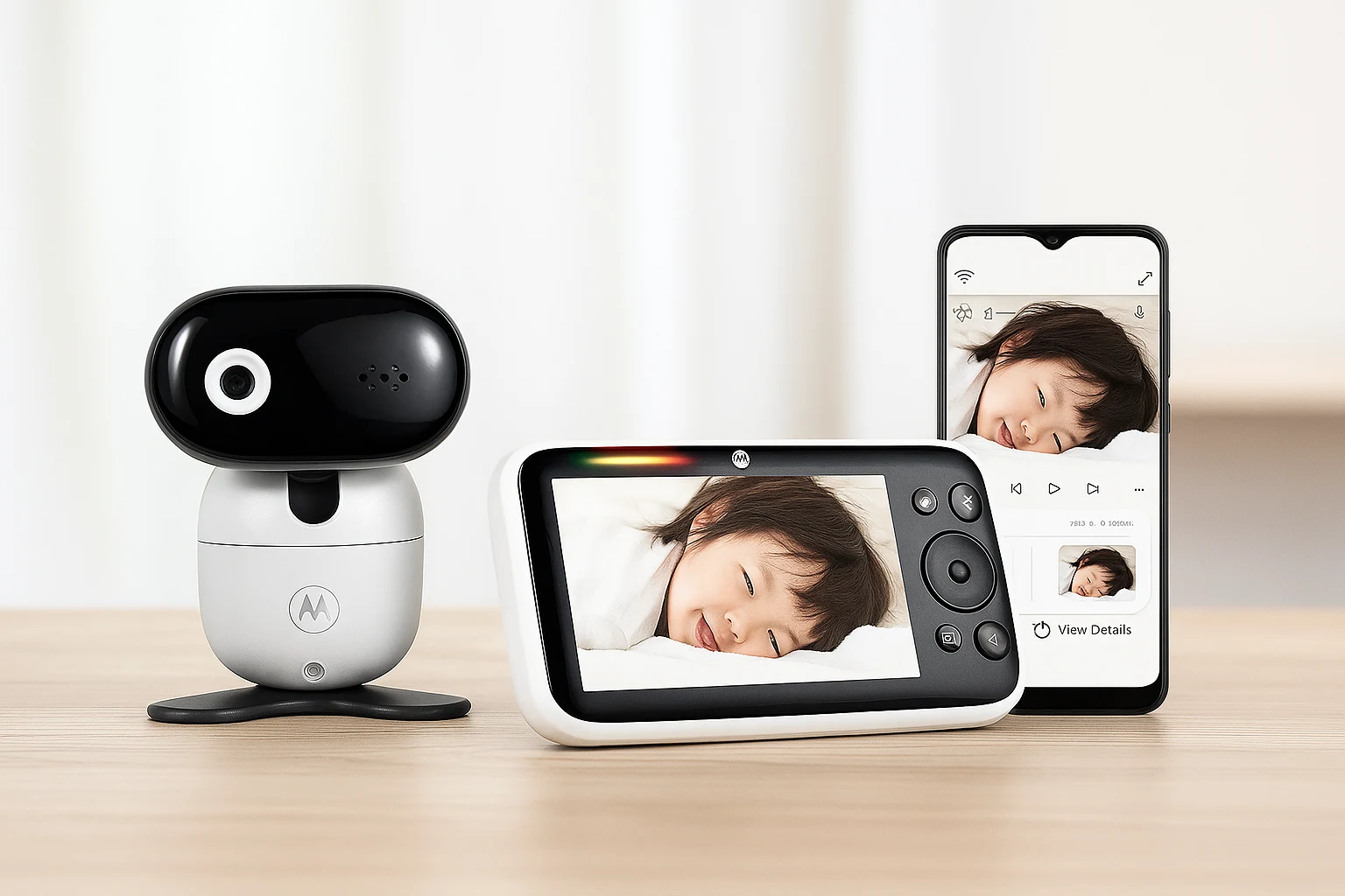 A compact camera, handheld monitor, and smartphone displaying a child resting peacefully