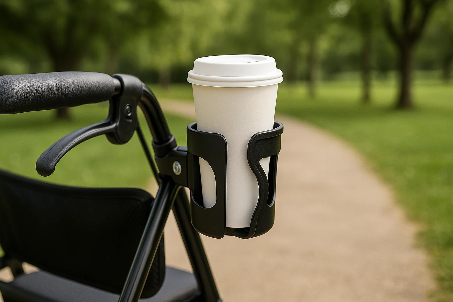Close-up of a black NOVA cup holder attached to a walker handlebar, holding a white coffee cup in a park setting.