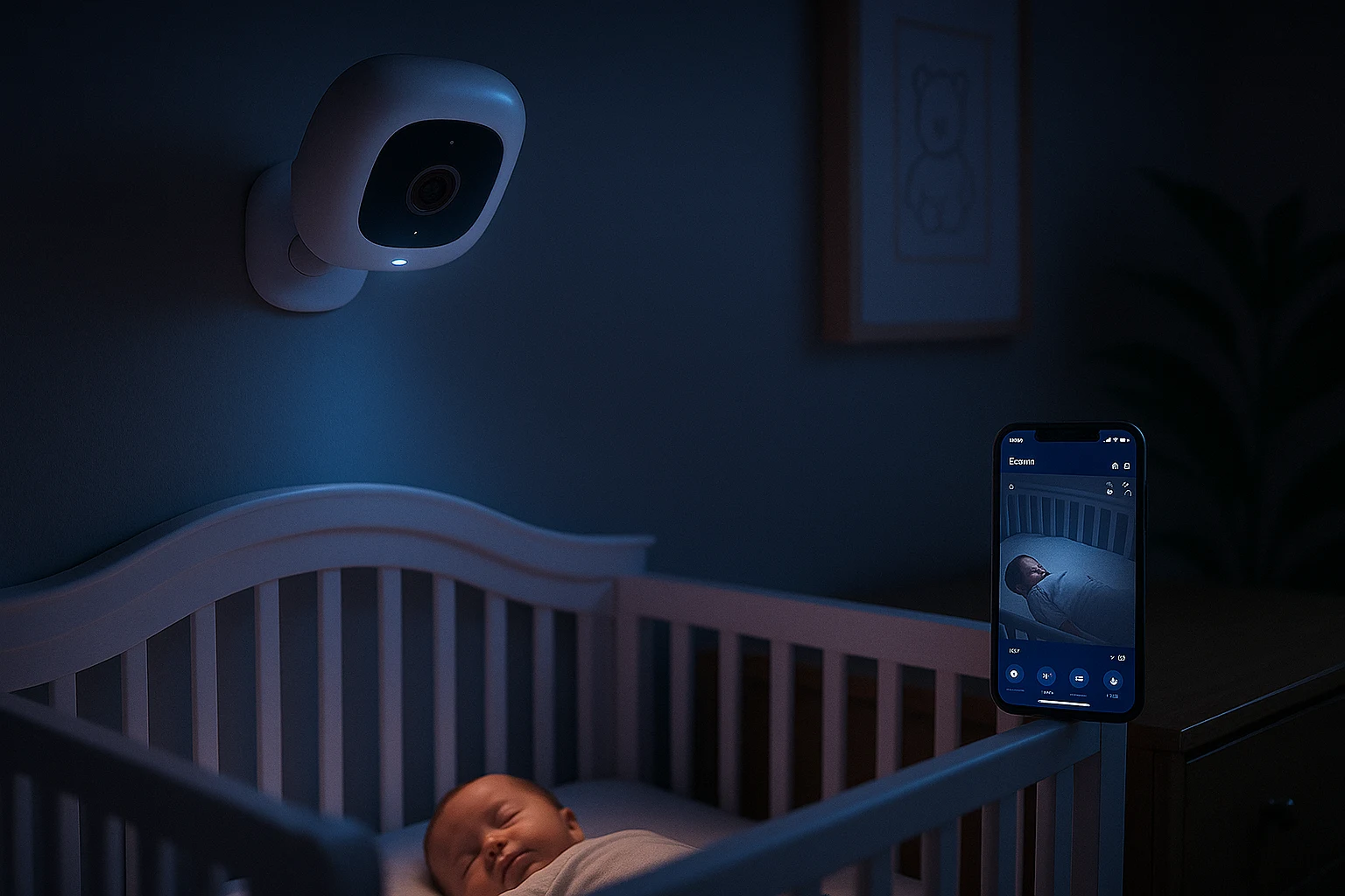 Dimly lit nursery at night featuring Nanit Pro Camera mounted above crib, smartphone displaying live video, and baby sleeping peacefully.