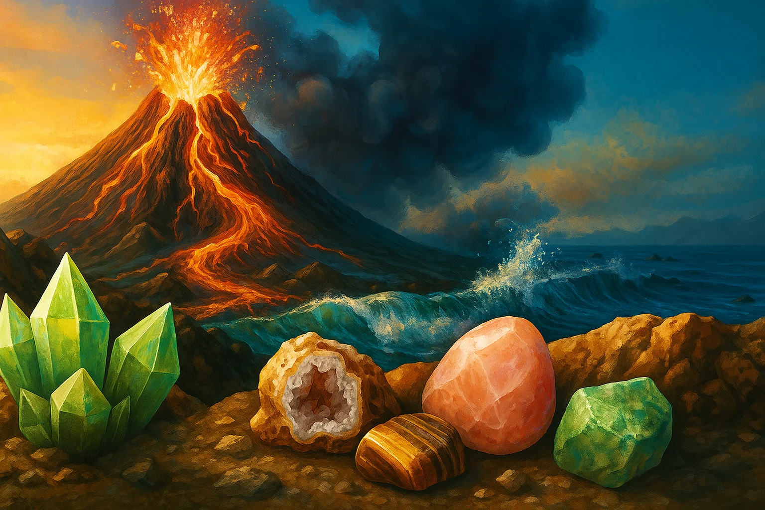 Realistic illustration of a volcanic eruption beside the ocean with crystals and minerals in the foreground.