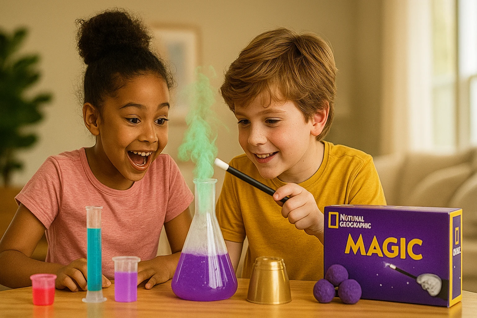 Two children performing a colorful science magic experiment with National Geographic Science Magic Kit—flask with green smoke, test tubes, and magic props.