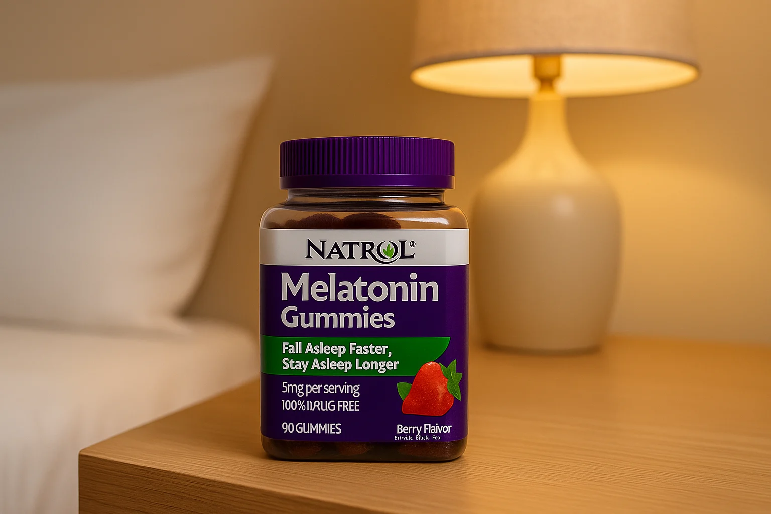 A bottle of Natrol Melatonin Gummies placed on a wooden nightstand beside a bed and a softly lit lamp in a cozy bedroom.