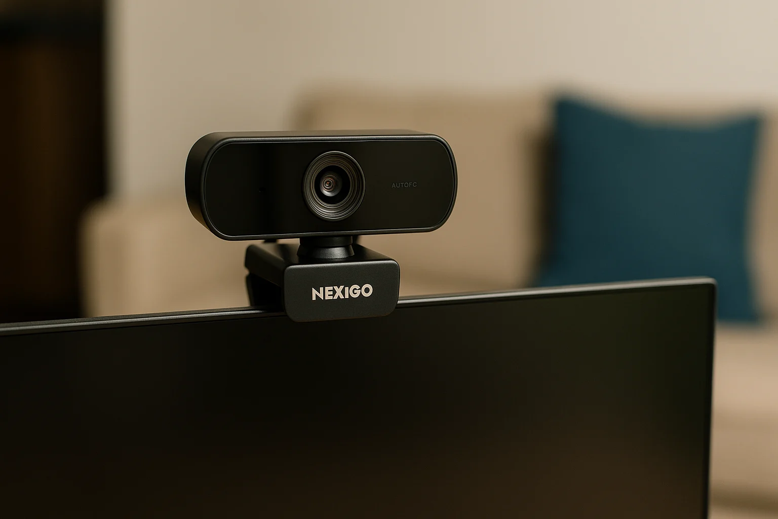 NexiGo webcam placed on a slim monitor in a neutral-toned living room. (Budget-oriented, but natural focus is enough)
