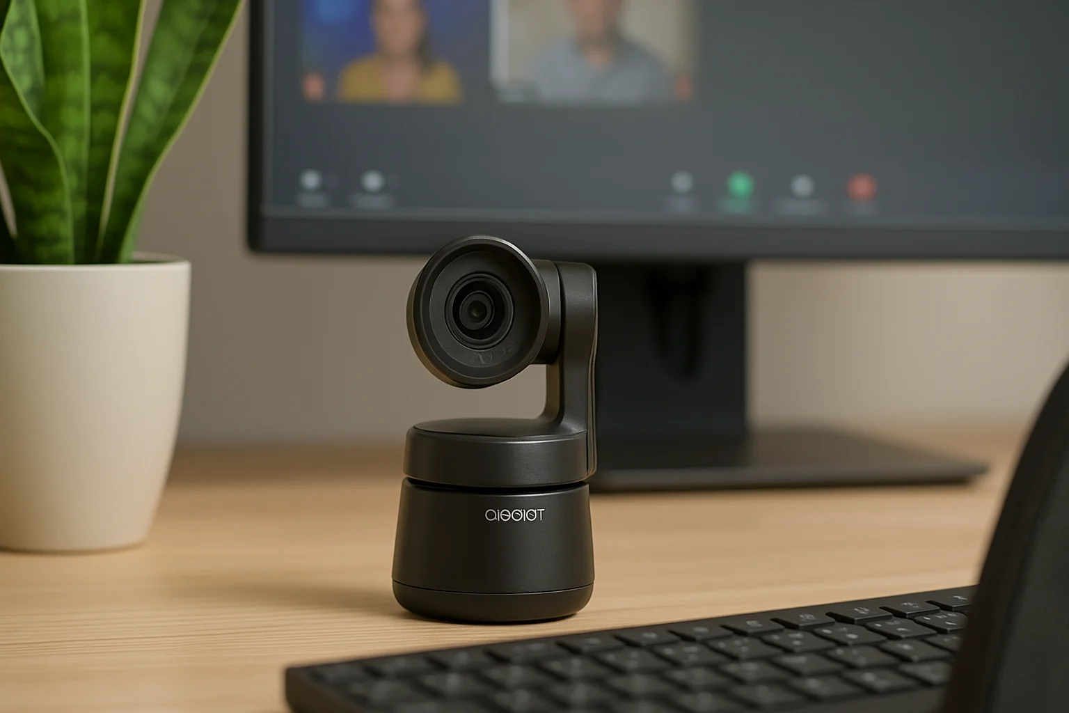 OBSBOT Tiny 2 AI-powered webcam on a wooden desk, captured in a realistic home office as the best webcam with smart tracking.