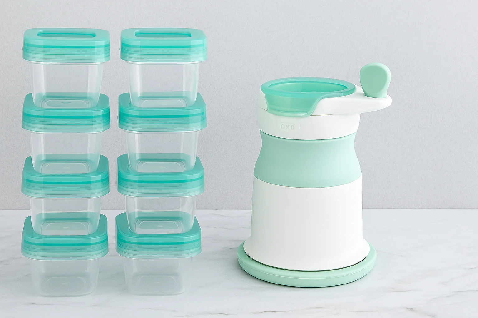 OXO Tot Baby Blocks Food Storage Containers and Dispenser on Marble Countertop