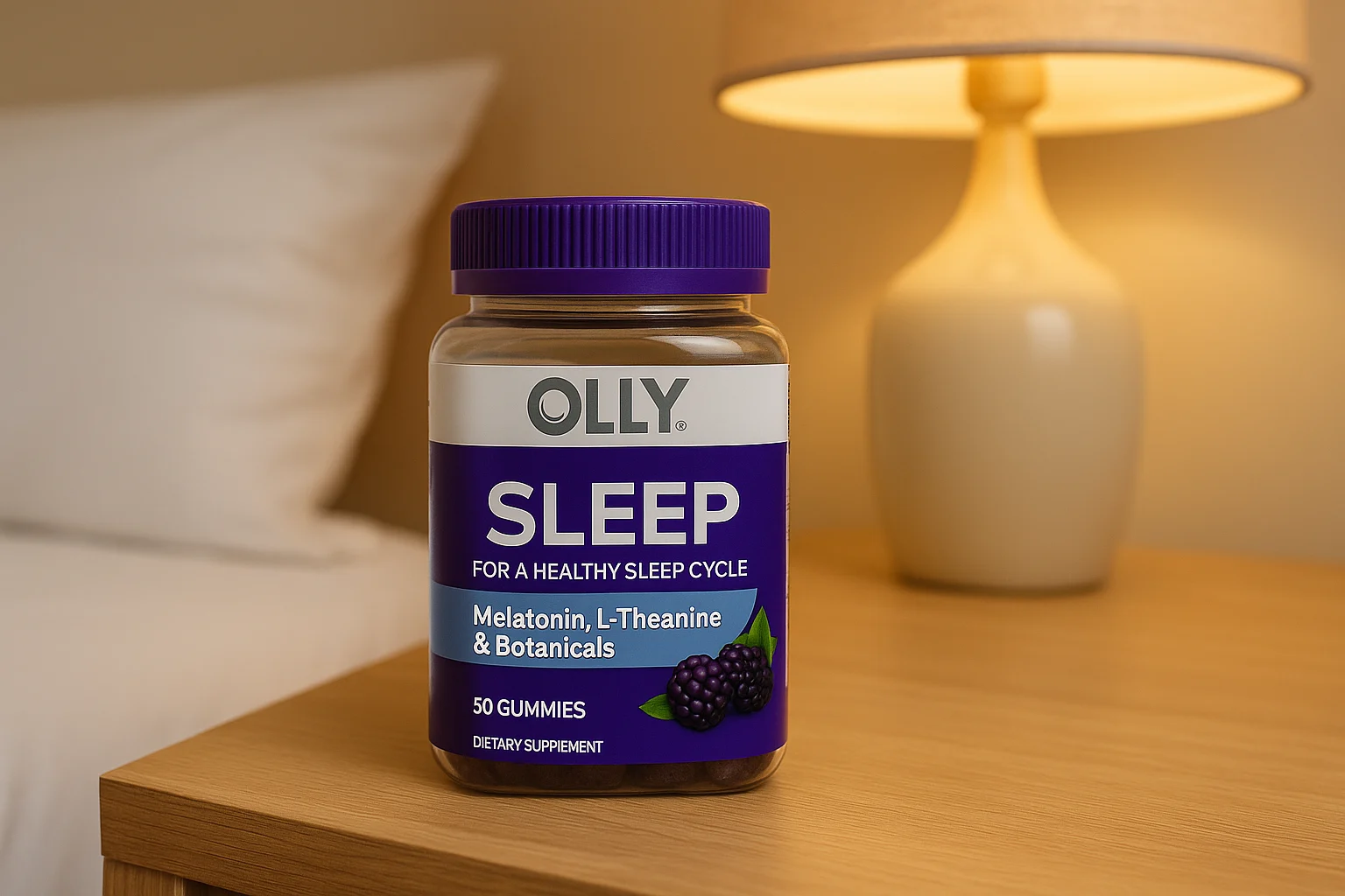 A bottle of Olly Sleep Gummies on a wooden nightstand next to a softly glowing bedside lamp and a white pillow in a cozy bedroom.
