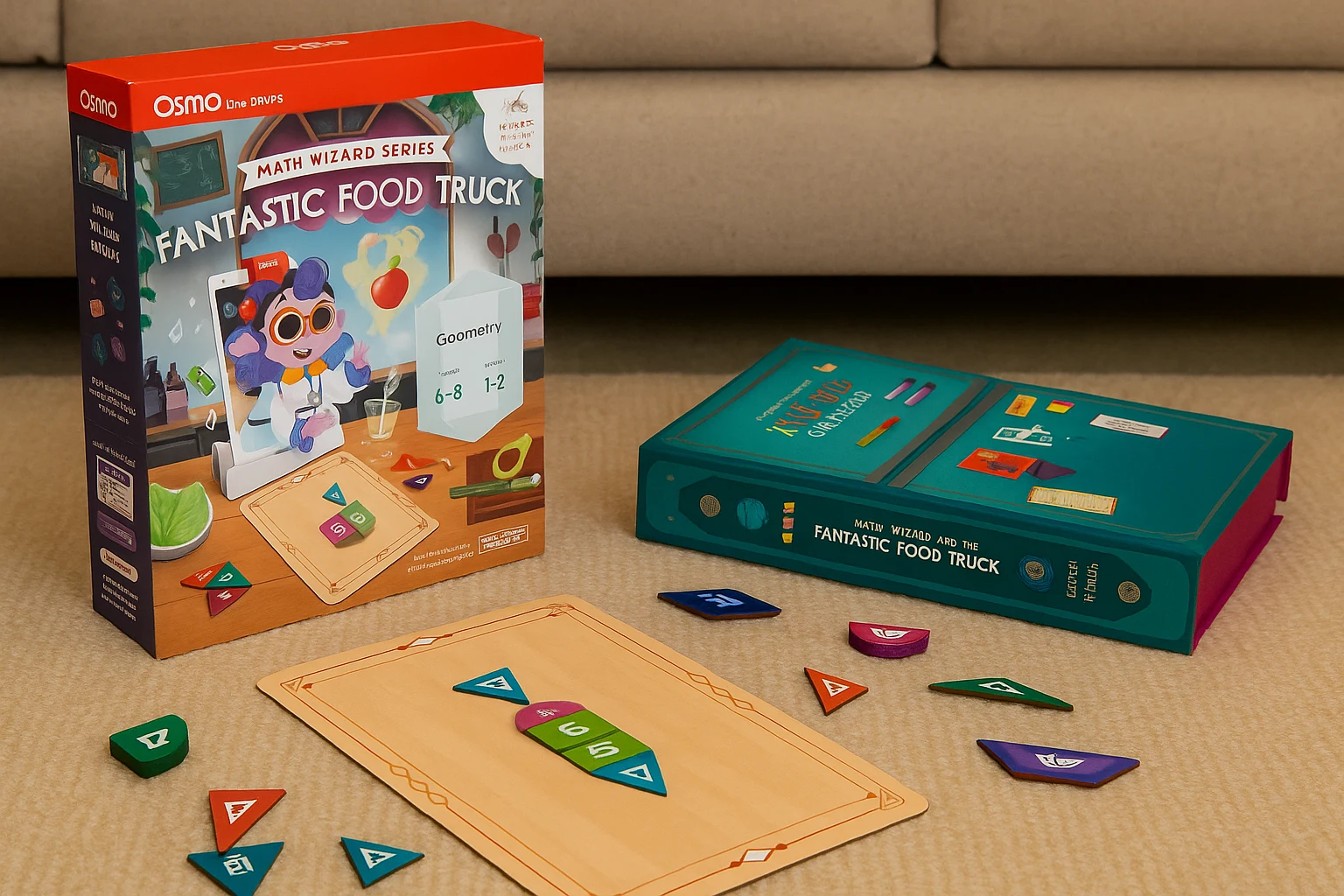 Osmo Math Wizard and The Fantastic Food Truck game set on carpet—an educational and interactive gift for kids that teaches geometry through play.