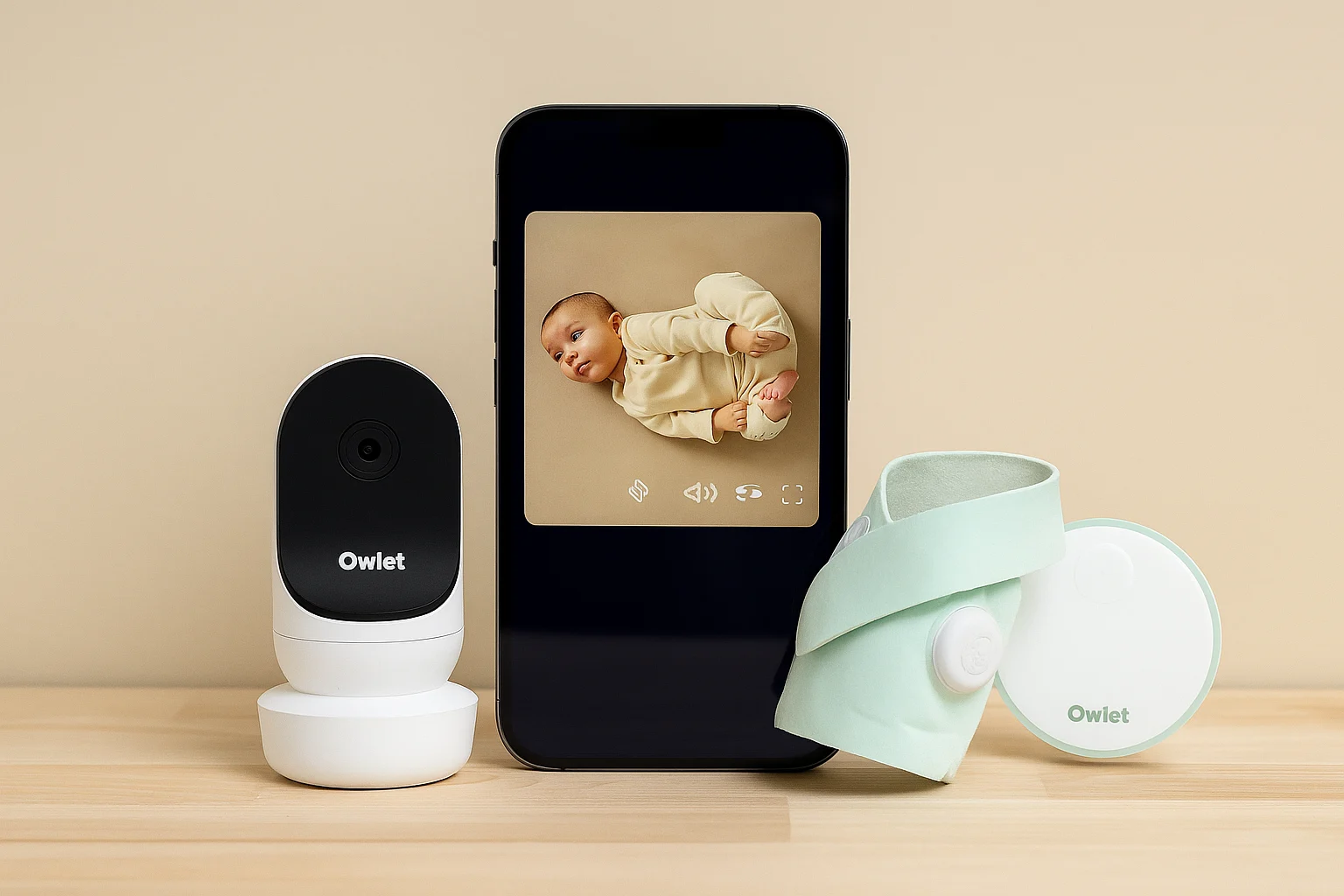 A smart baby camera, smartphone display, and soft wearable band placed on a wooden surface