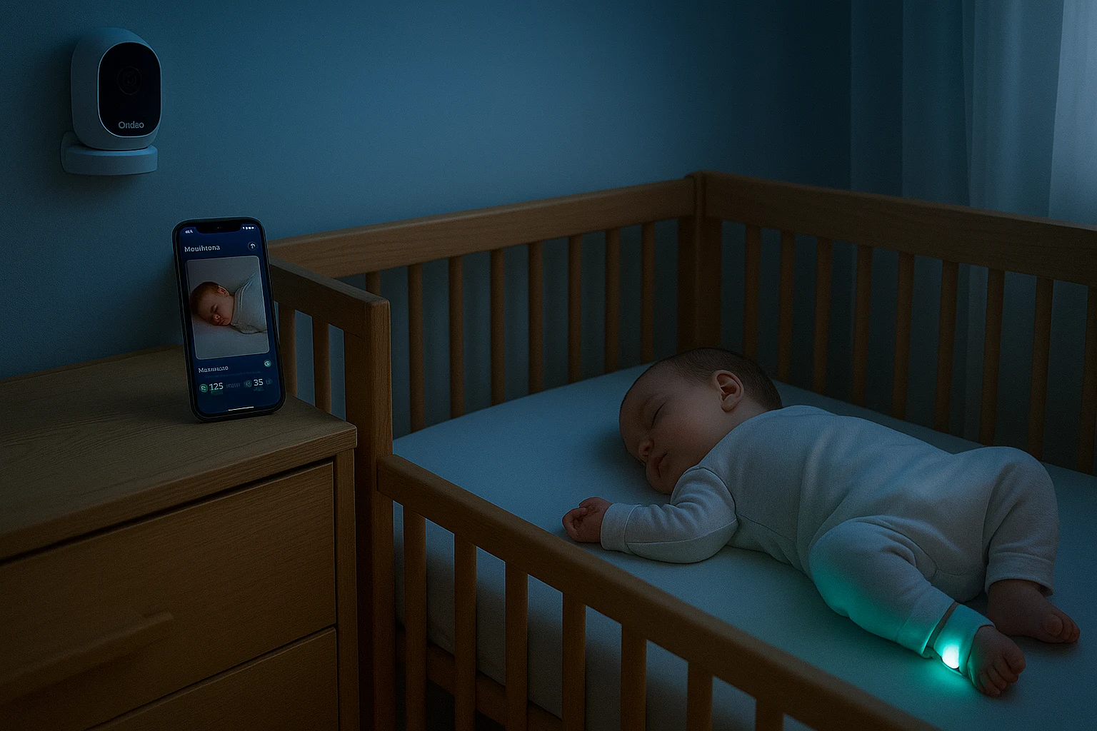Nighttime nursery scene showing baby sleeping in crib with glowing Owlet Dream Sock, Owlet Cam on wall, and smartphone displaying live vitals.