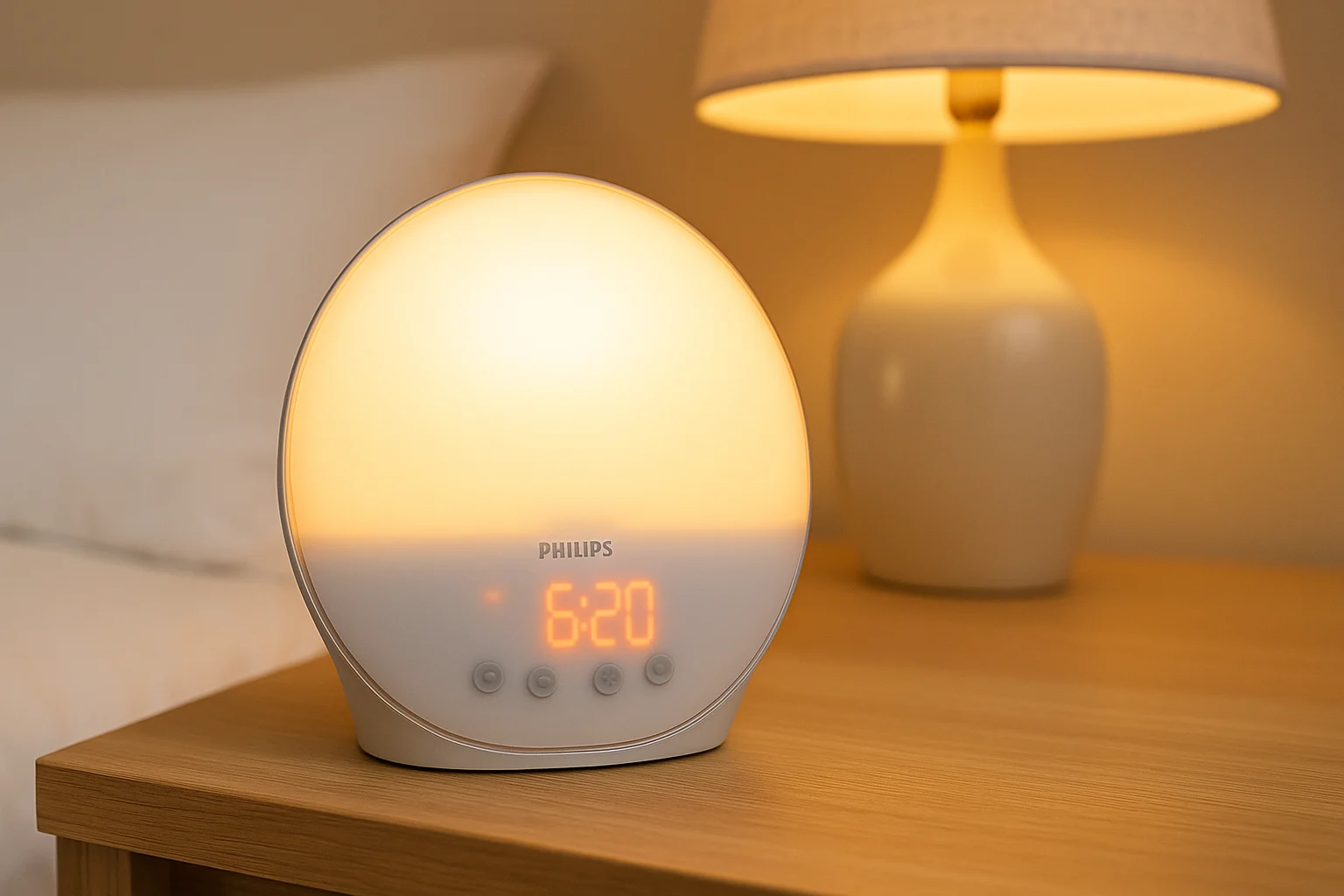 A Philips SmartSleep sunrise alarm clock glowing on a wooden nightstand next to a soft lamp and pillow in a peaceful bedroom.