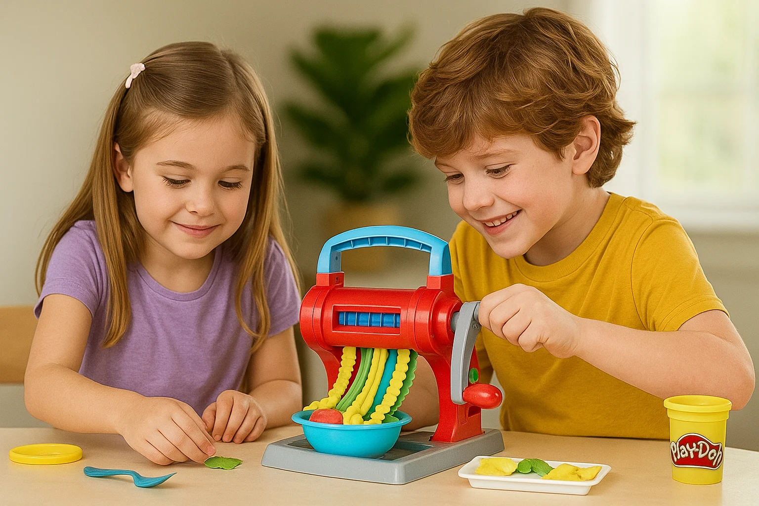 Two children making Play-Doh pasta with Play-Doh Kitchen Creations set—colorful noodles in a bowl