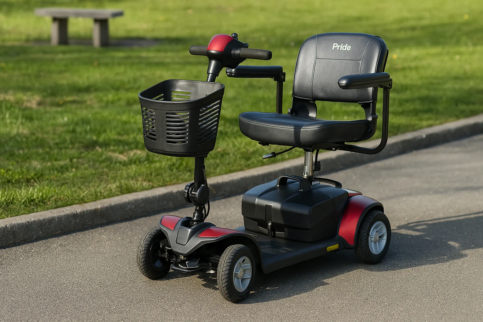 Red Pride Mobility Scooter with black seat and front basket, parked on a paved walkway next to green grass in a park setting.