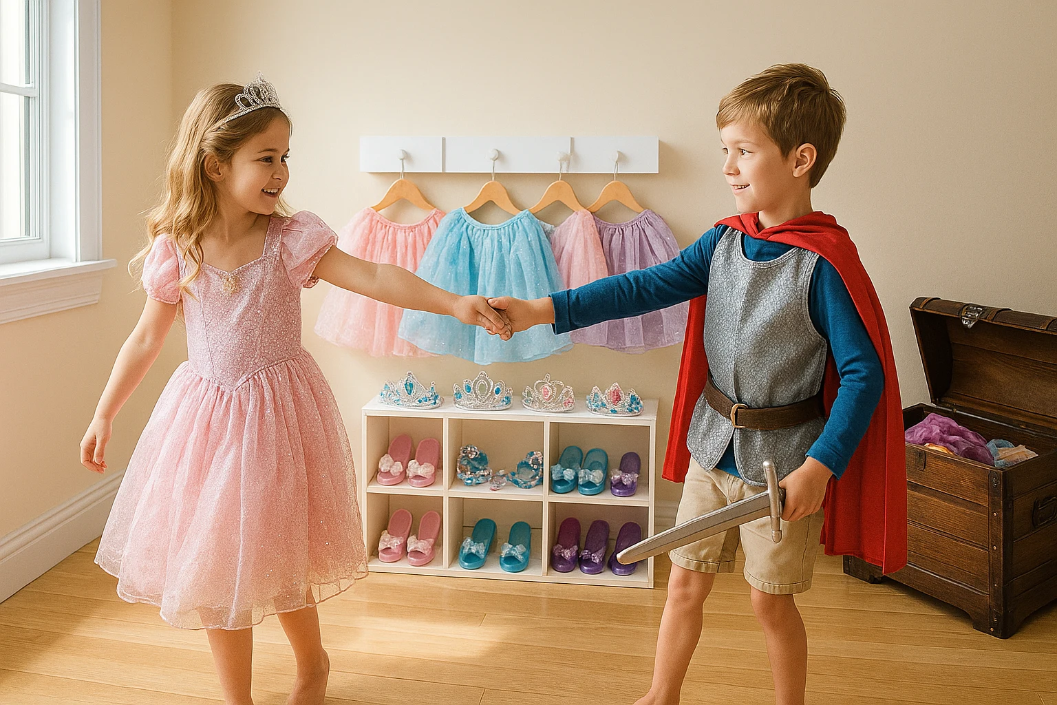 Two children enjoying pretend play—girl in pink princess dress and tiara, boy in knight costume with red cape—surrounded by colorful dress-up accessories in a bright playroom.