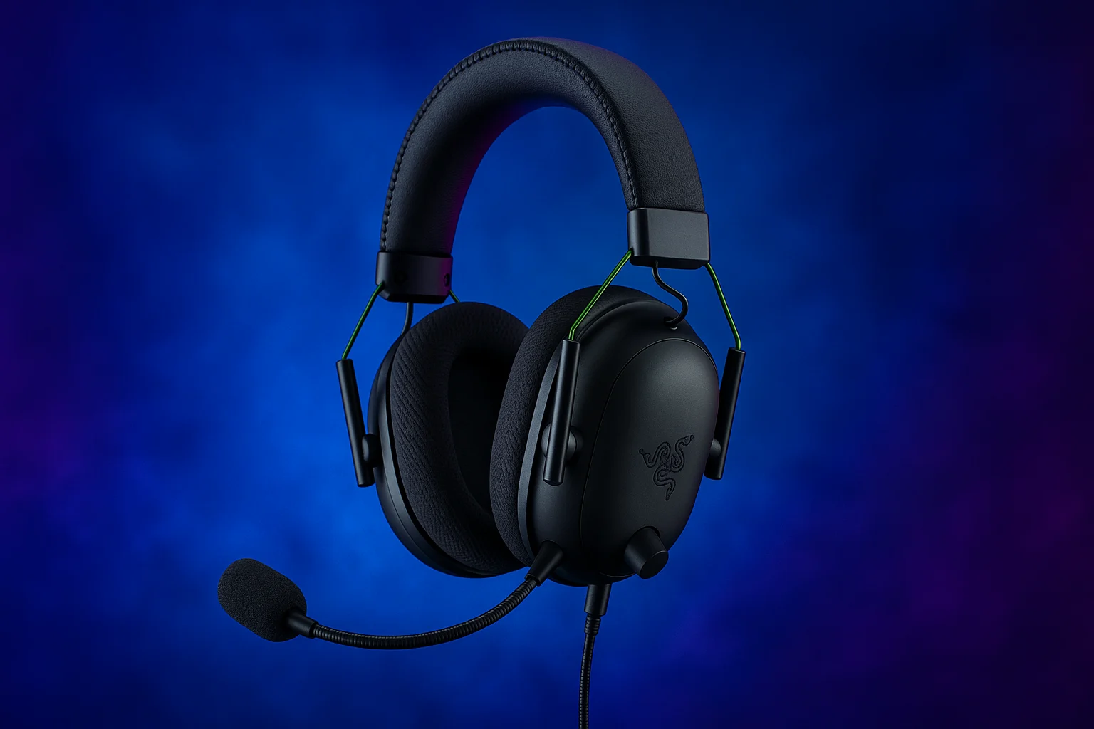 Razer BlackShark V2 X Gaming Headset in matte black with green accents, set against a blue and purple gradient background.