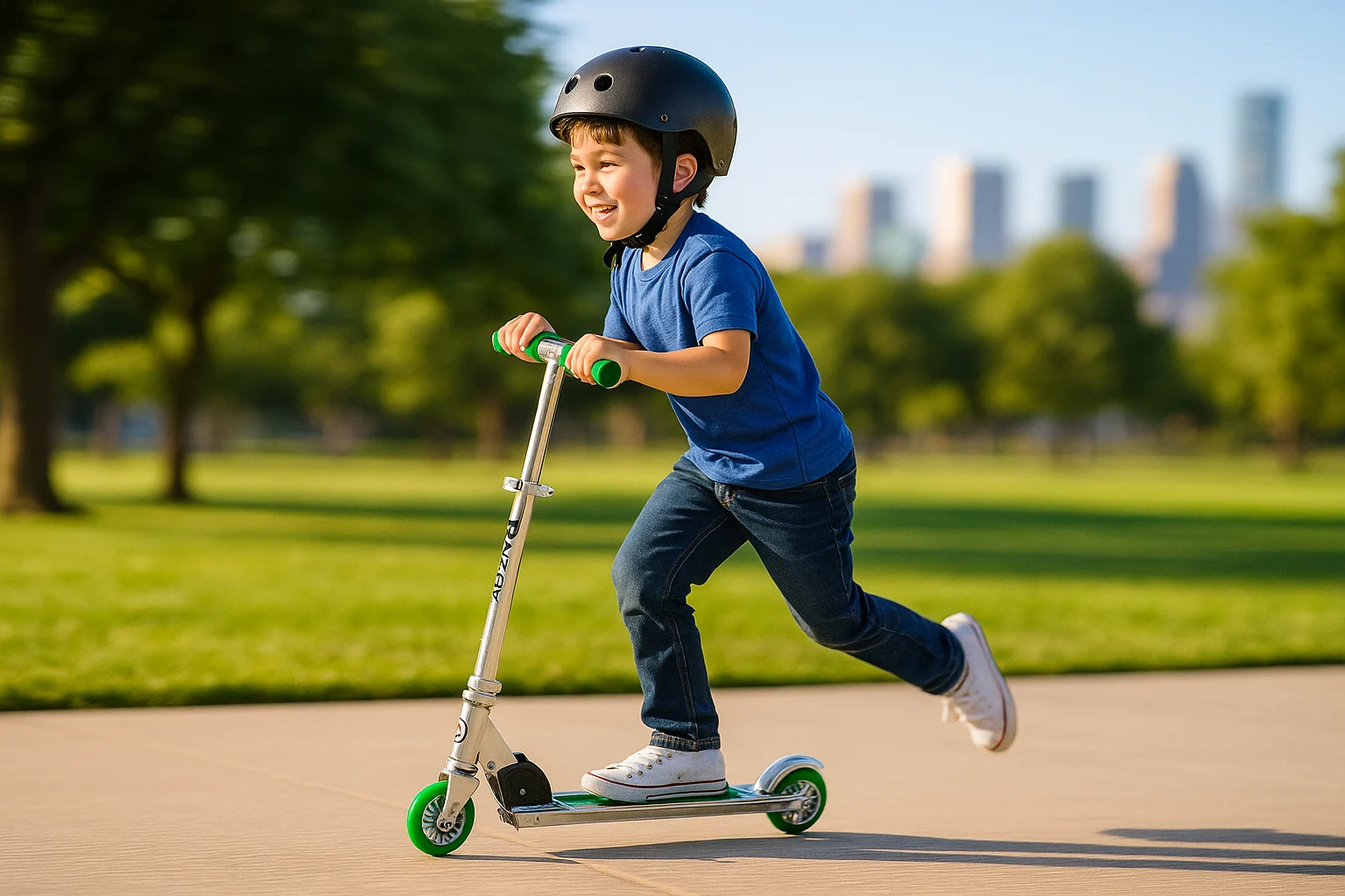 Child riding a green-wheel Razor kick scooter in a sunny city park, showcasing speed and outdoor fun.