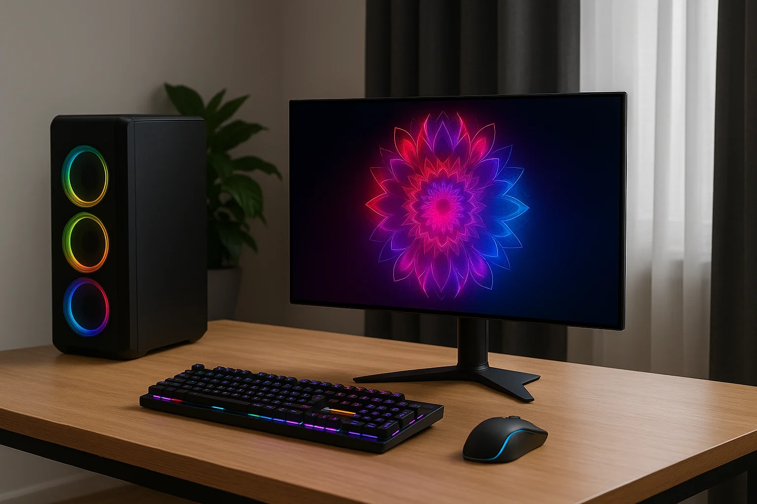 Samsung Odyssey OLED G6 setup with vibrant 240Hz gaming monitor and RGB desktop accessories.