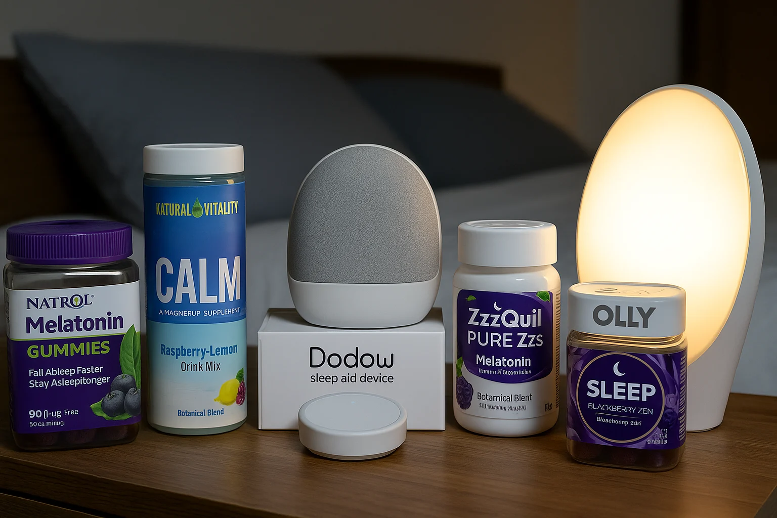 A realistic photo of top-rated sleep aids on a nightstand, including melatonin gummies, magnesium powder, Dodow sleep device, and a sunrise alarm lamp.