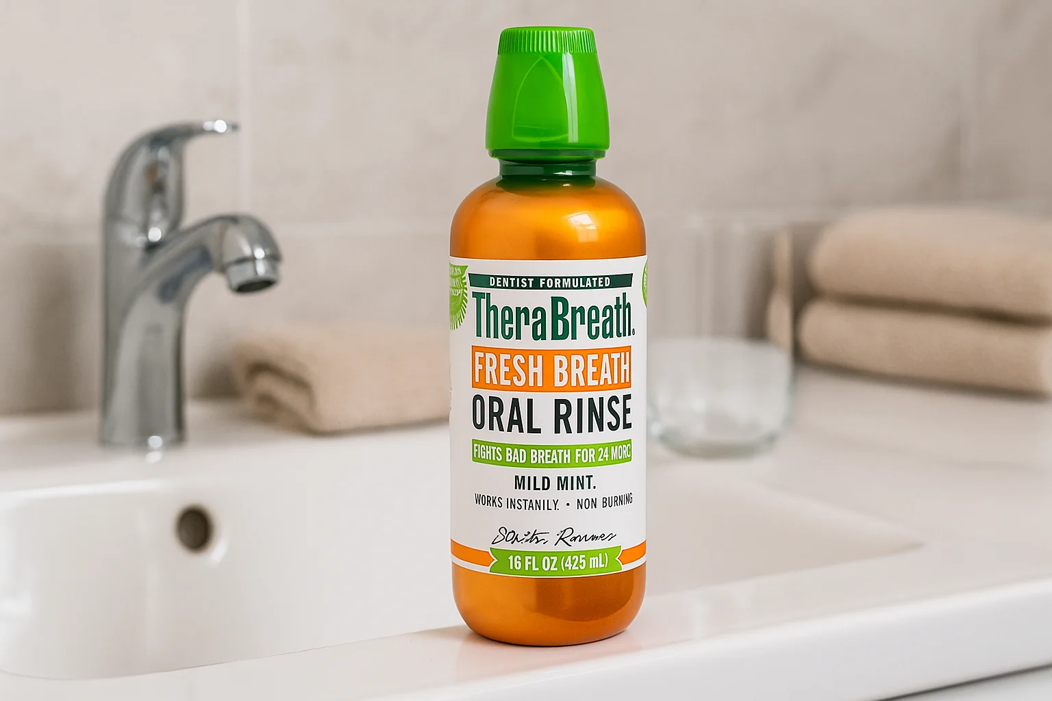 TheraBreath Fresh Breath Oral Rinse bottle placed on a bathroom counter beside a tumbler glass and folded towel.