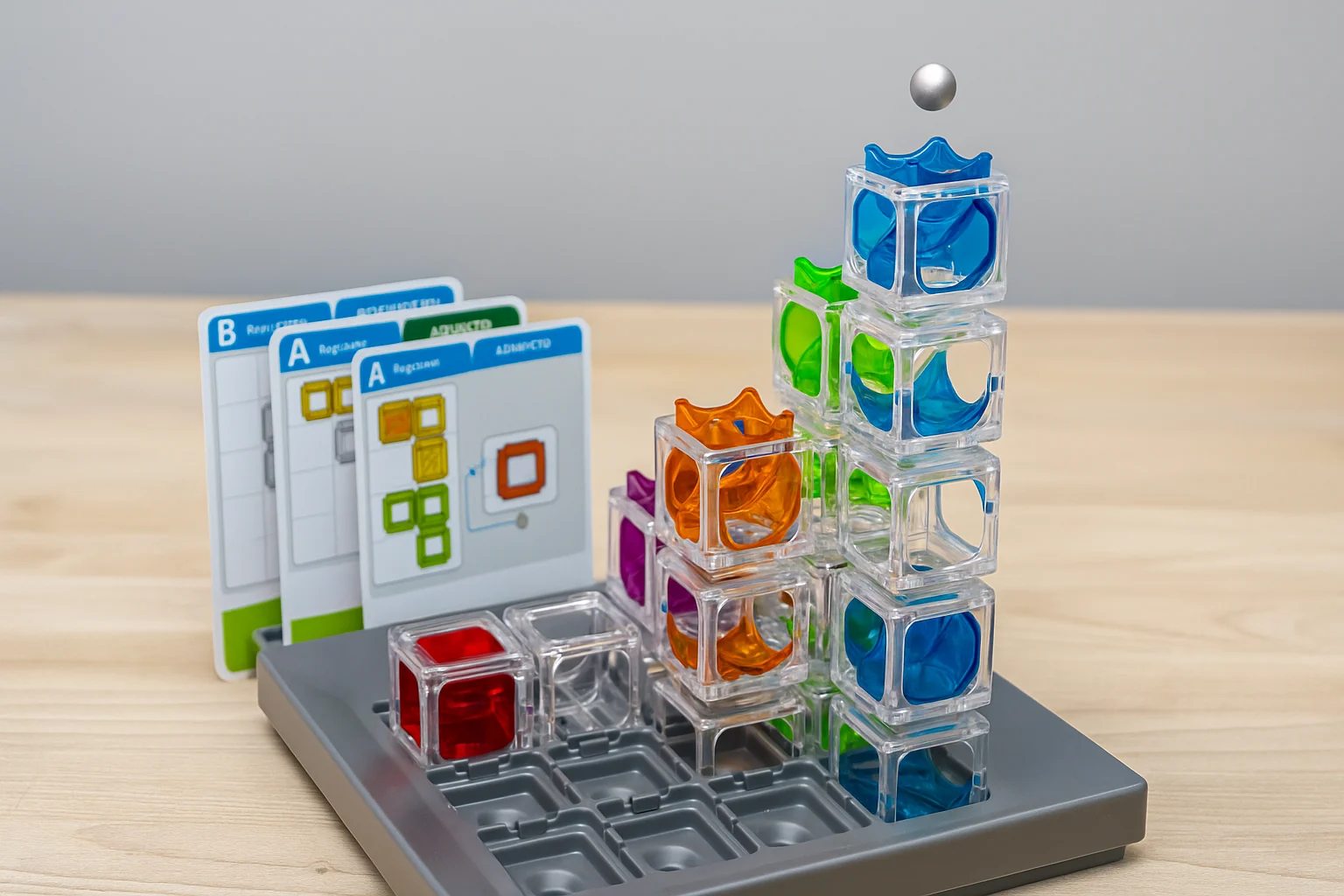 Colorful plastic cube towers of the ThinkFun Gravity Maze game on a wooden surface with challenge cards in the background.