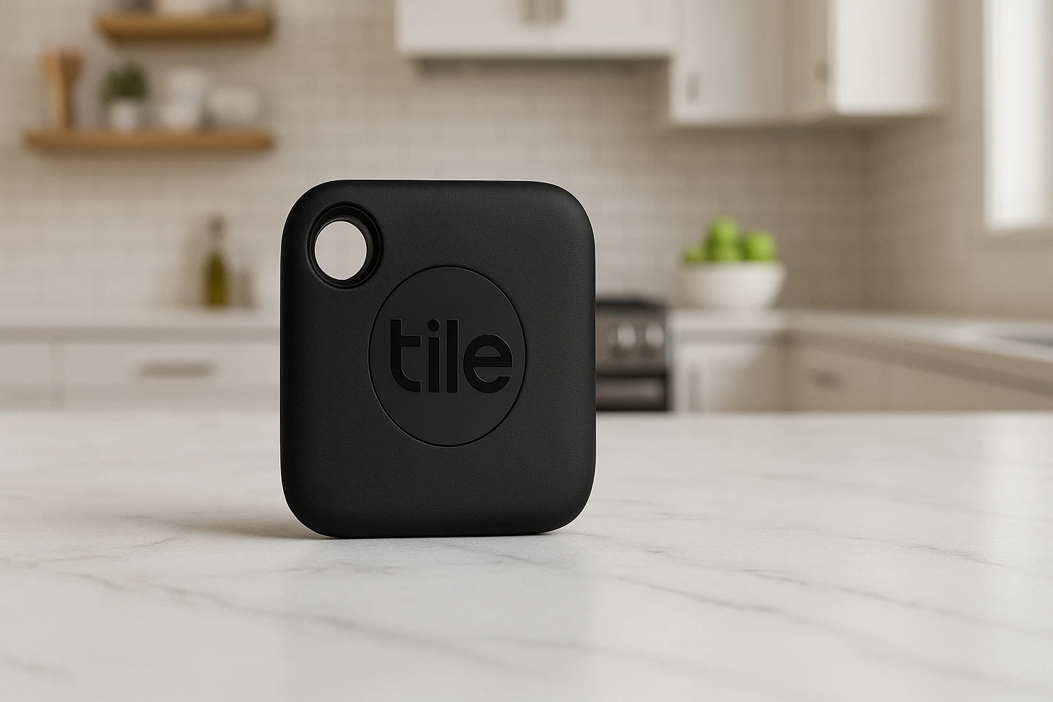Black Tile Mate Bluetooth Tracker (2024 Version) on a white marble kitchen countertop with a modern kitchen in the background.