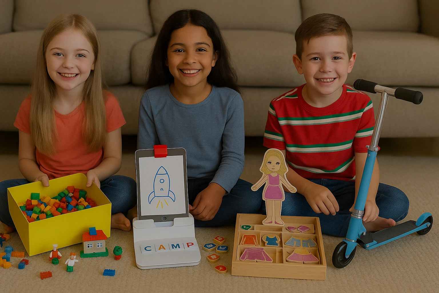 Three smiling children play with educational and creative toys, showcasing top gifts for kids including LEGO bricks, an Osmo learning kit, and a scooter.