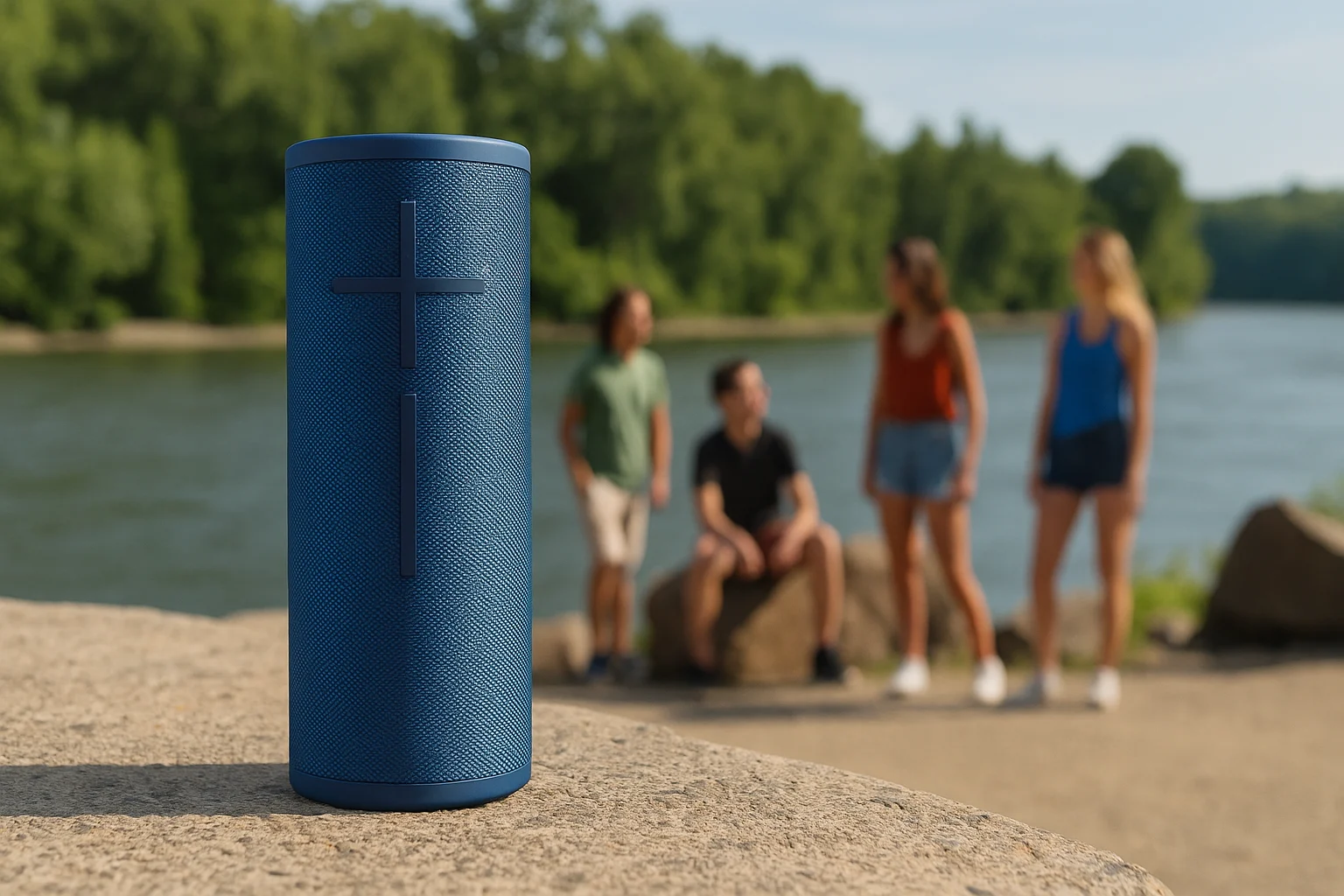 UE BOOM 3 portable Bluetooth speaker by a river — one of the best speakers for parties and outdoor adventures.