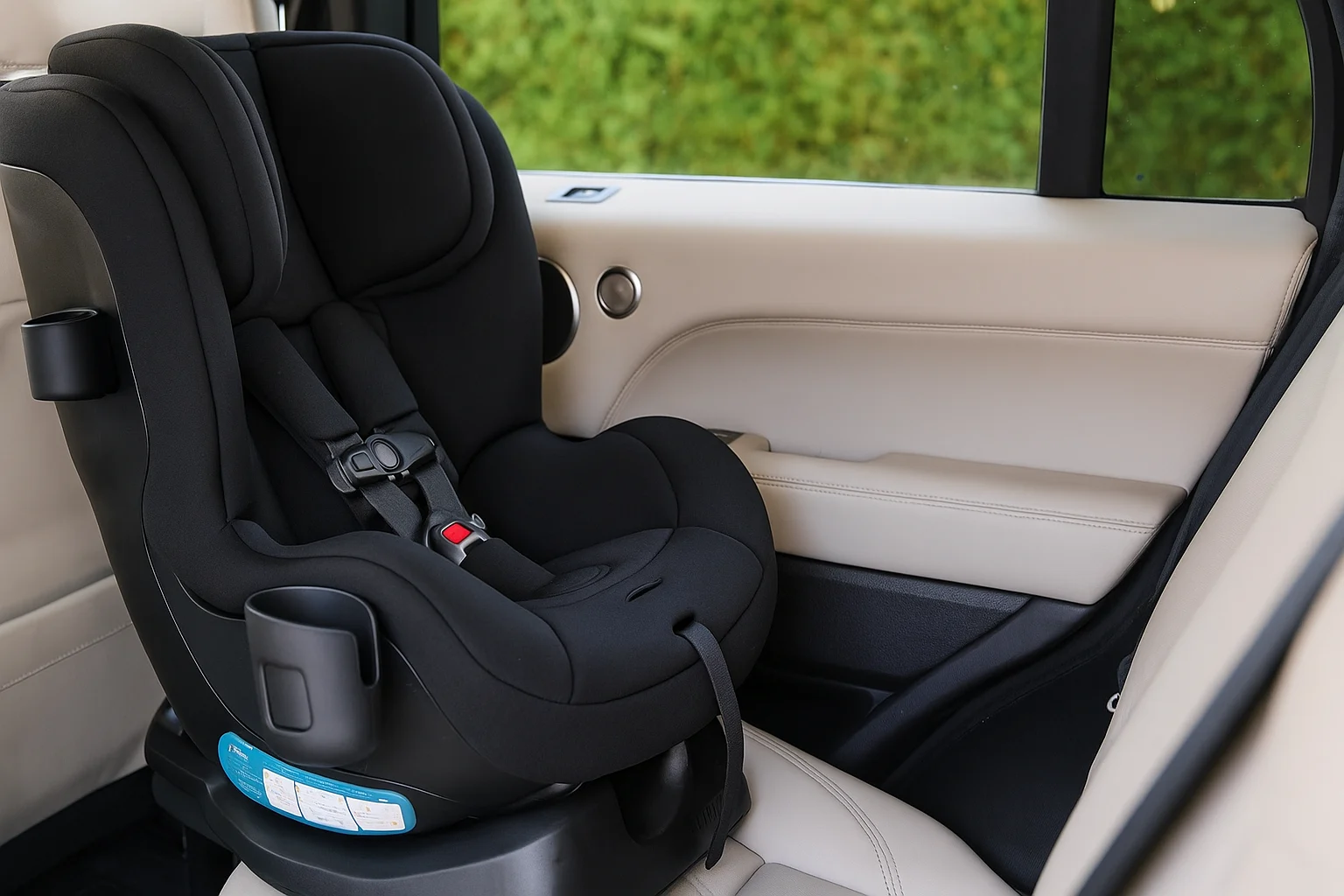 A black cushioned child seat installed in the back seat of a beige car interior, featuring a cup holder and secure harness straps.