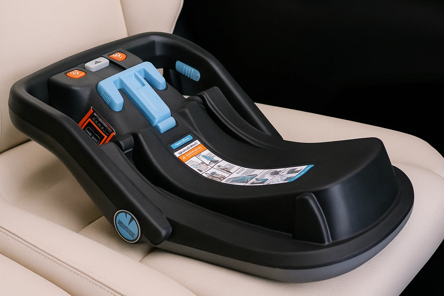 Black infant car seat base with blue and orange installation guides, securely placed on a beige leather vehicle seat.