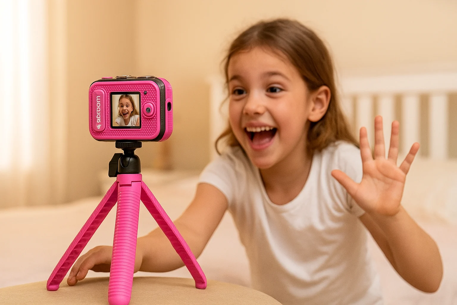 Child filming herself with pink VTech Kidizoom Creator Cam on tripod in cozy bedroom