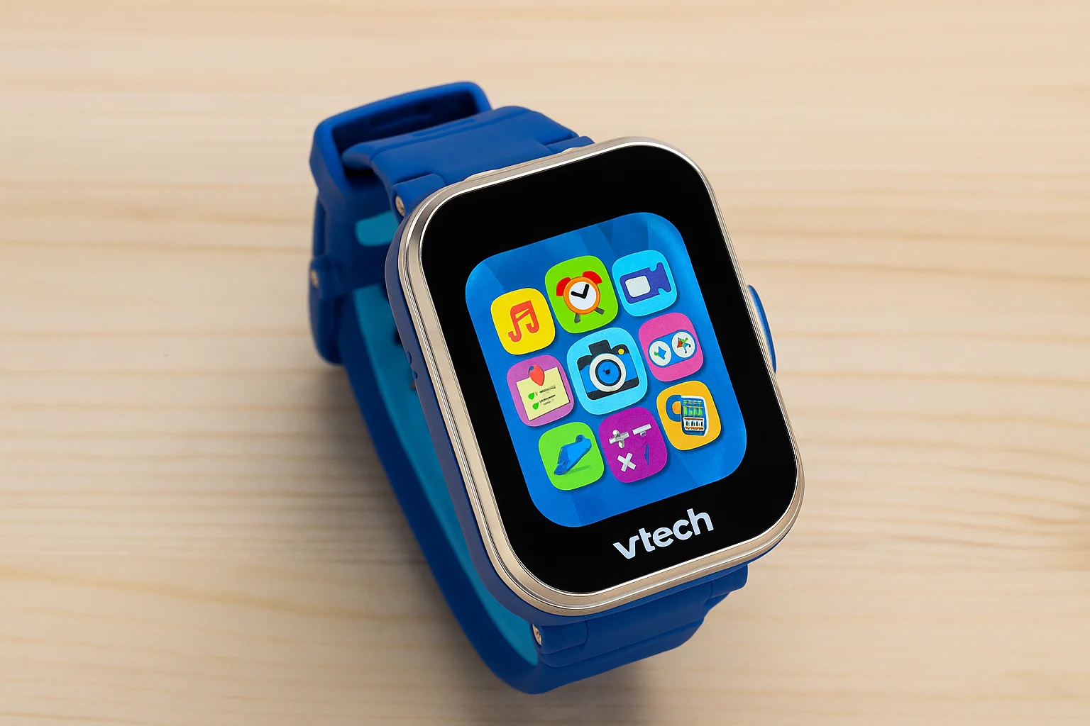 Blue VTech Kidizoom Smartwatch DX3 with colorful app icons displayed, resting on a light wooden surface.