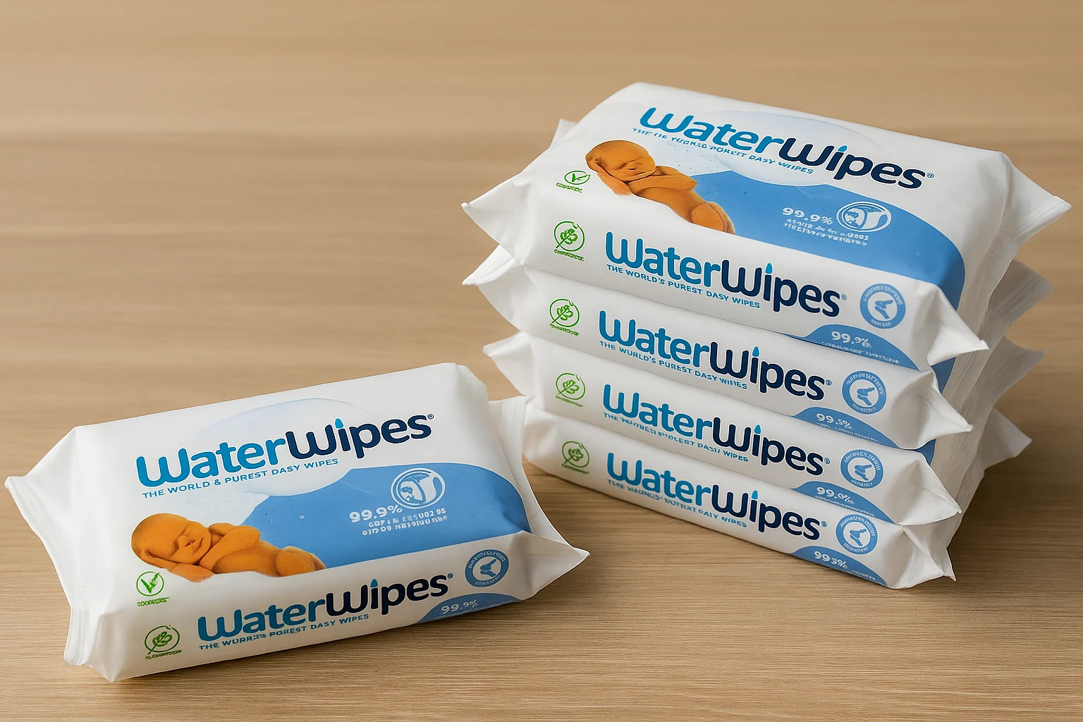 A stack of WaterWipes baby wipes designed for sensitive newborn skin