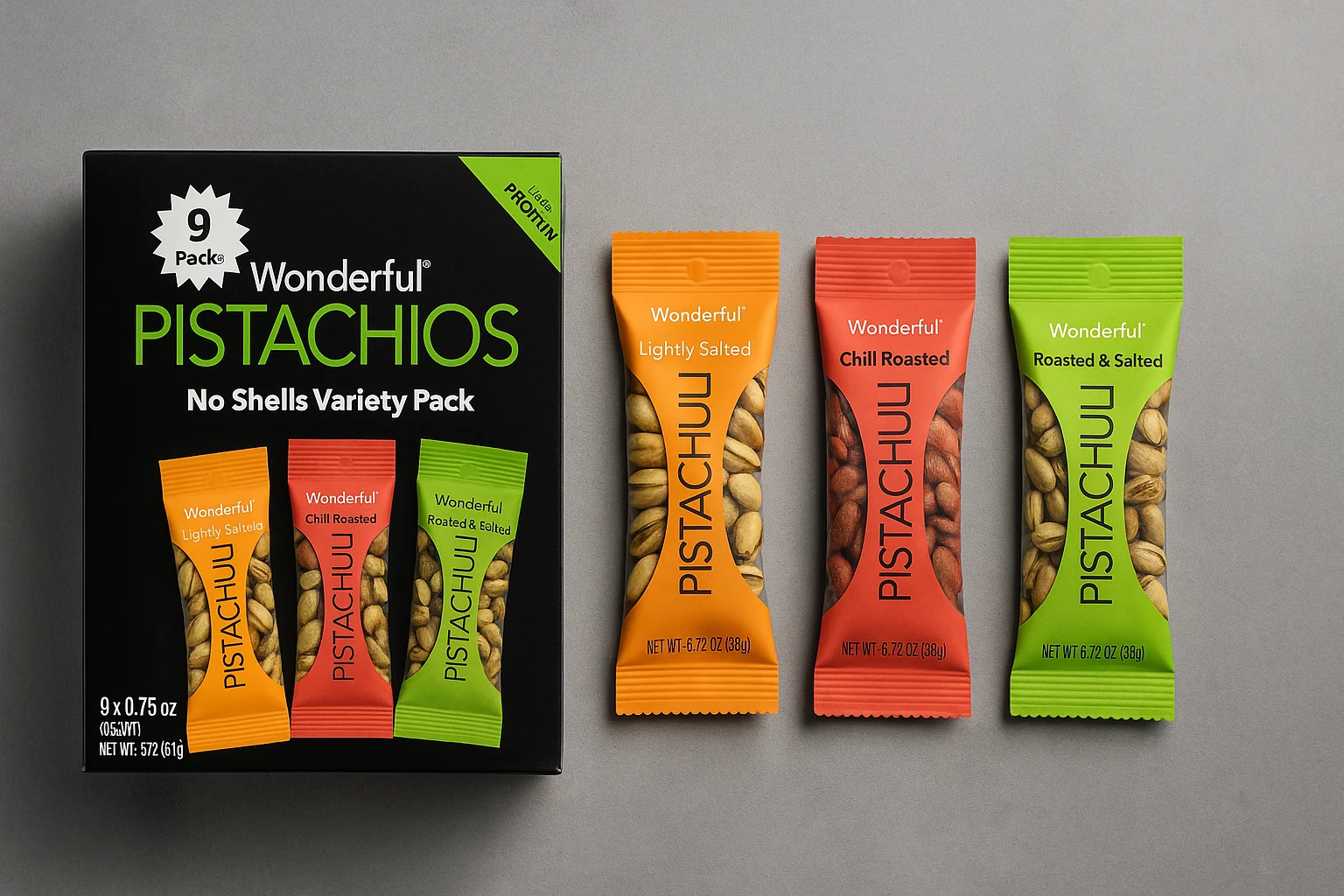 A box of Wonderful Pistachios No Shells Variety Pack displayed alongside three individual pistachio snack packs on a gray background.