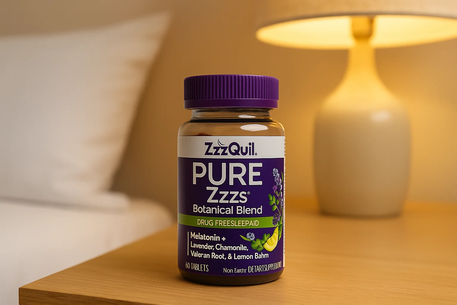 A bottle of ZzzQuil PURE Zzzs Botanical Blend on a wooden nightstand beside a softly lit bedroom lamp and a white pillow.