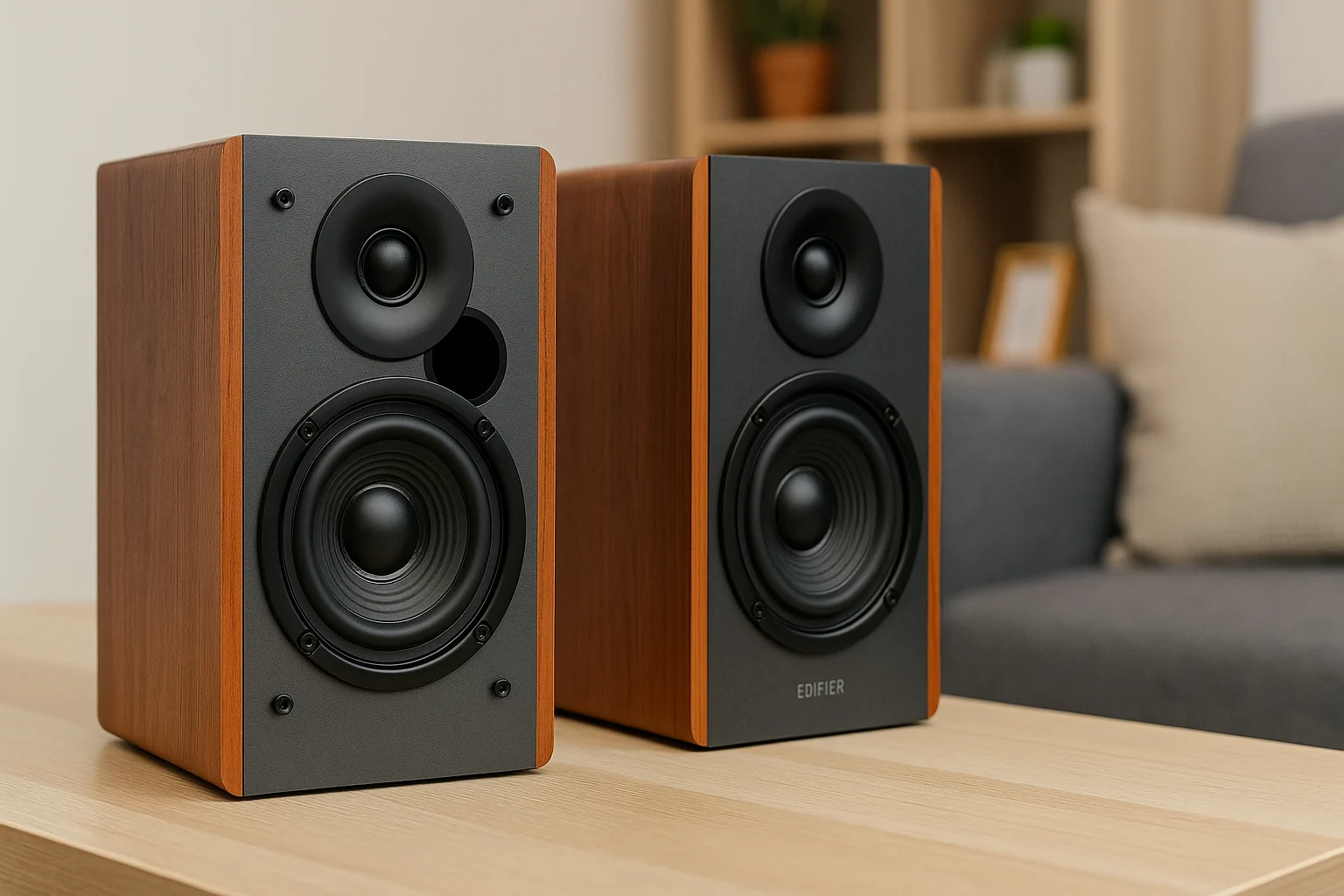 Edifier R1280DB bookshelf speakers on a wooden table — among the best speakers for home setups and balanced sound.