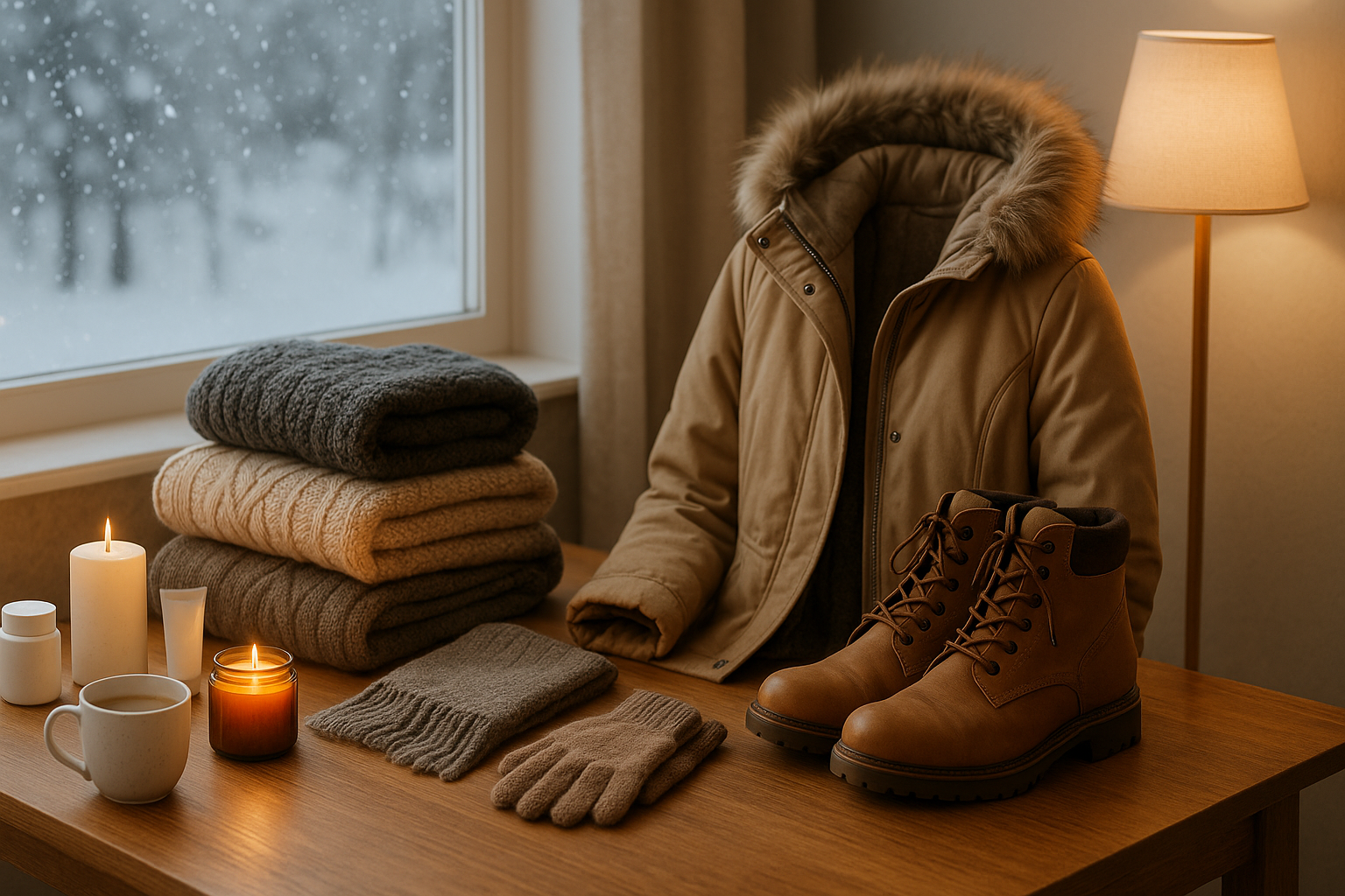 Cozy winter essentials arranged on a wooden table with a coat, boots, blankets, candles, and snowfall outside the window.