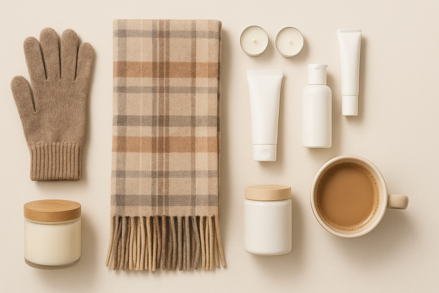 Flat lay of winter gloves, scarf, skincare products, candles, and a hot drink on a bright neutral background.