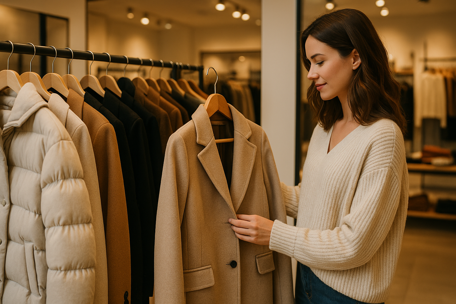 A shopper examining a beige winter coat on a clothing rack in a softly lit modern store.
