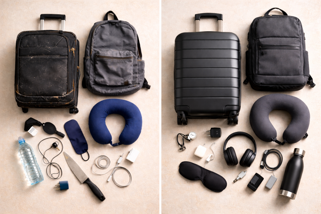 Cheap vs Expensive Products comparison showing budget and premium travel gear side by side