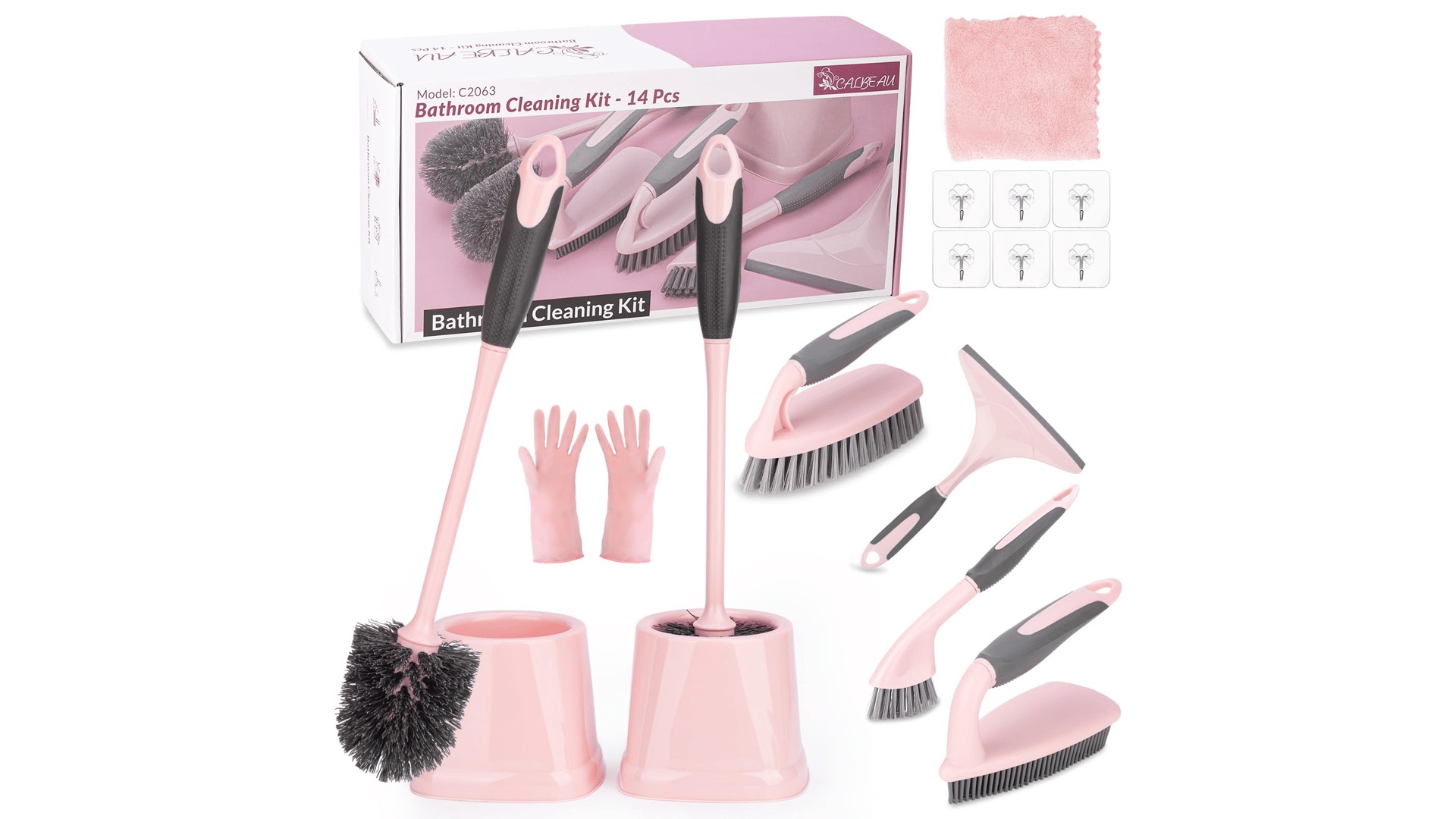 Bathroom cleaning tools kit with toilet brush, scrub brush, gloves, and squeegee on a white background