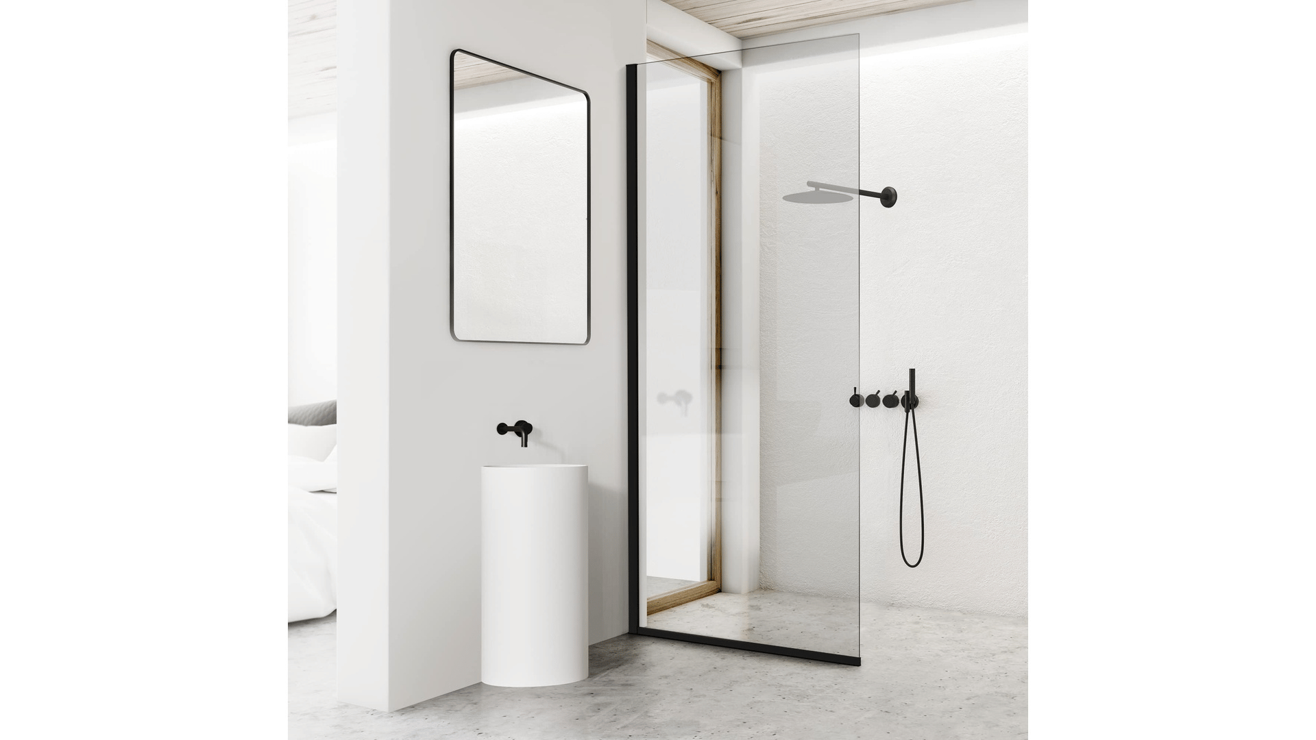 Shower curtain or shower screen setup showing a fabric curtain on a rod beside a clear glass shower screen