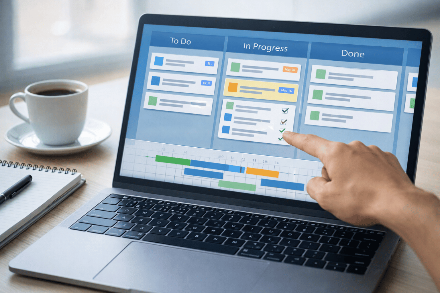 Project management software for small businesses dashboard shown on a laptop with kanban tasks and timeline