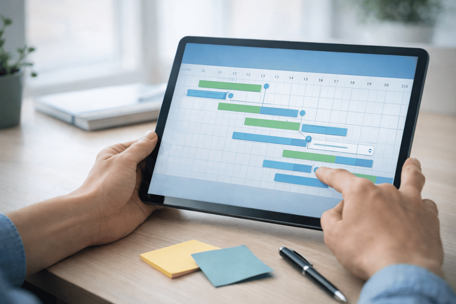Team video meeting with project management software for small businesses visible on a second monitor for task tracking