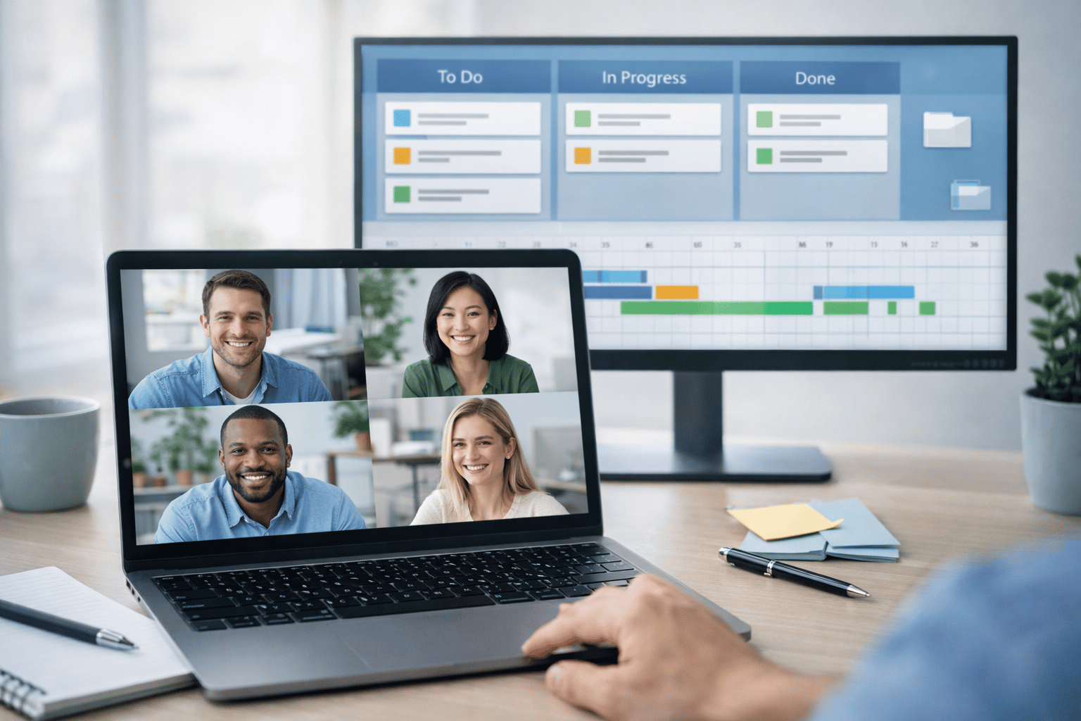 Small business owner using project management software for small businesses on a tablet with a timeline plan