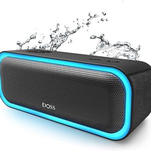 DOSS SoundBox Pro Bluetooth Speaker, 20W Stereo Sound, Active Extra Bass, 20H Playtime, Multi-Colors Lights, TWS Pairing, IPX6 Waterproof for Garden, Hiking, Camping, Outdoor, Party-Black
